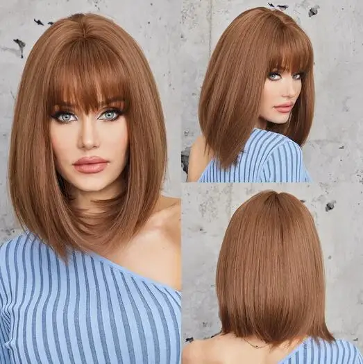 

Light Brown Synthetic Wigs Short Straight Bob Cut Blunt Wig Copper Brown Hair for Black White Women Daily Party Heat Resistant