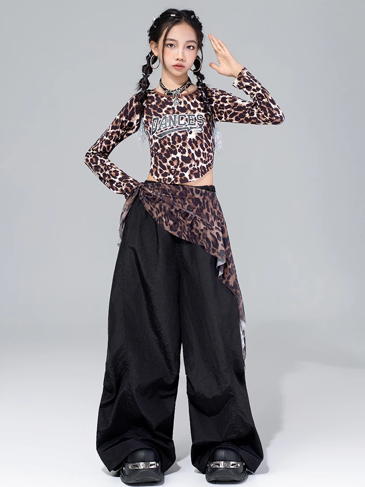 Costume da ballo jazz per ragazze Spettacolo scolastico per bambini Abbigliamento da spettacolo Stampa leopardata Crop Top Pantaloni Shuffle Kpop Outfit Streetwear 4572