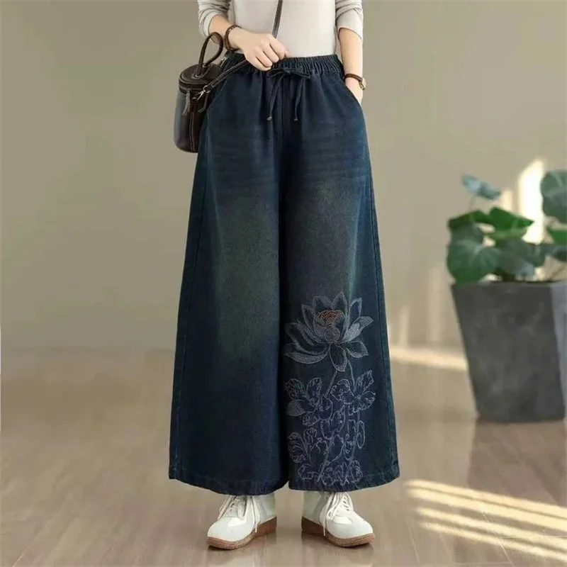 Spring Autumn New Embroidered Lotus Jeans For Women Fashion Large Size Elastic Waist Wide Leg Pants Female Casual Denim Pants