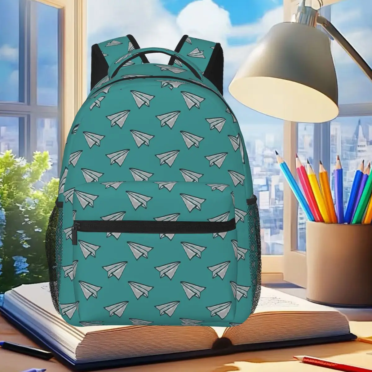 

Gray Watercolor Paper Airplane Pattern Backpack Student Boys Girls BookBag Kids School Bag Computer Shoulder Bags for Men Women