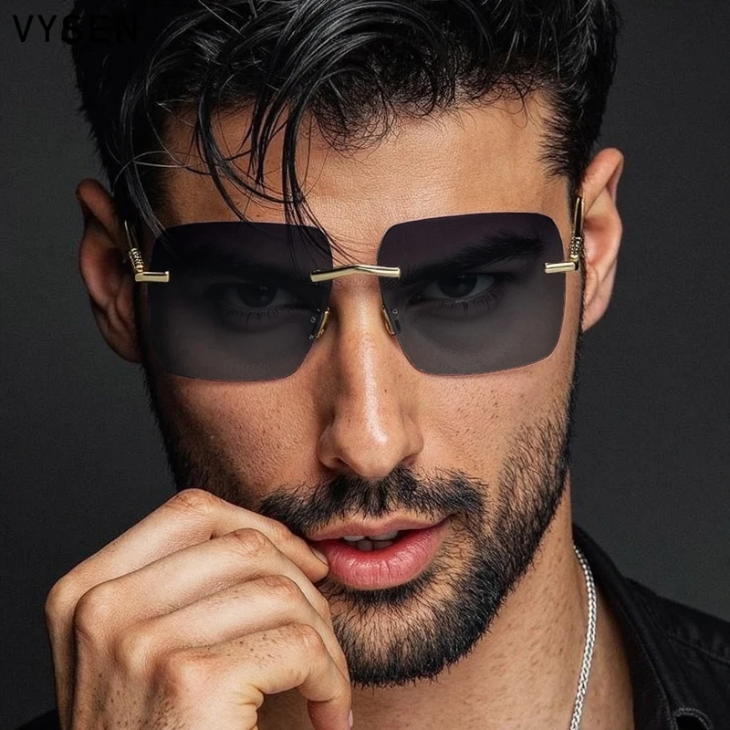 

Steampunk Square Rimless Sunglasses Men 2025 Luxury Brand Metal Frame Punk Change Color Sun Glasses Driving Shades Outdoor UV400