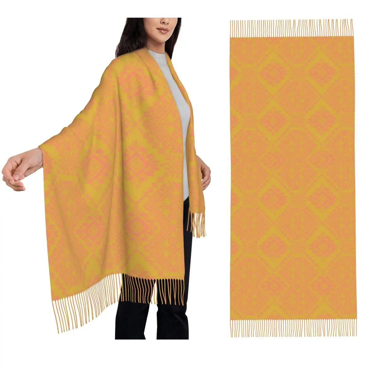 

Mustard Yakan Pattern Scarf Tassel Scarves Women Soft Warm Shawls and Wraps Long Fall Winter Shawl Wrap