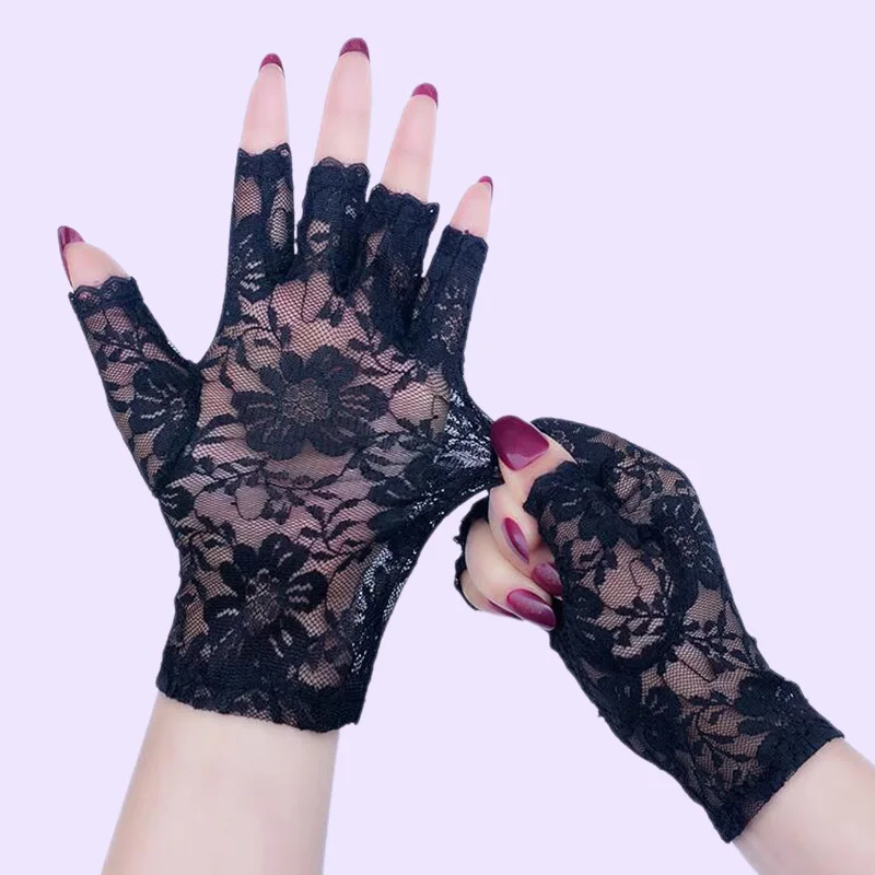 Sommer frauen fahren sonnenschutz halbe finger spitze halbe finger handschuhe frauen blumen schwarz hohl mesh elastische dünne stil