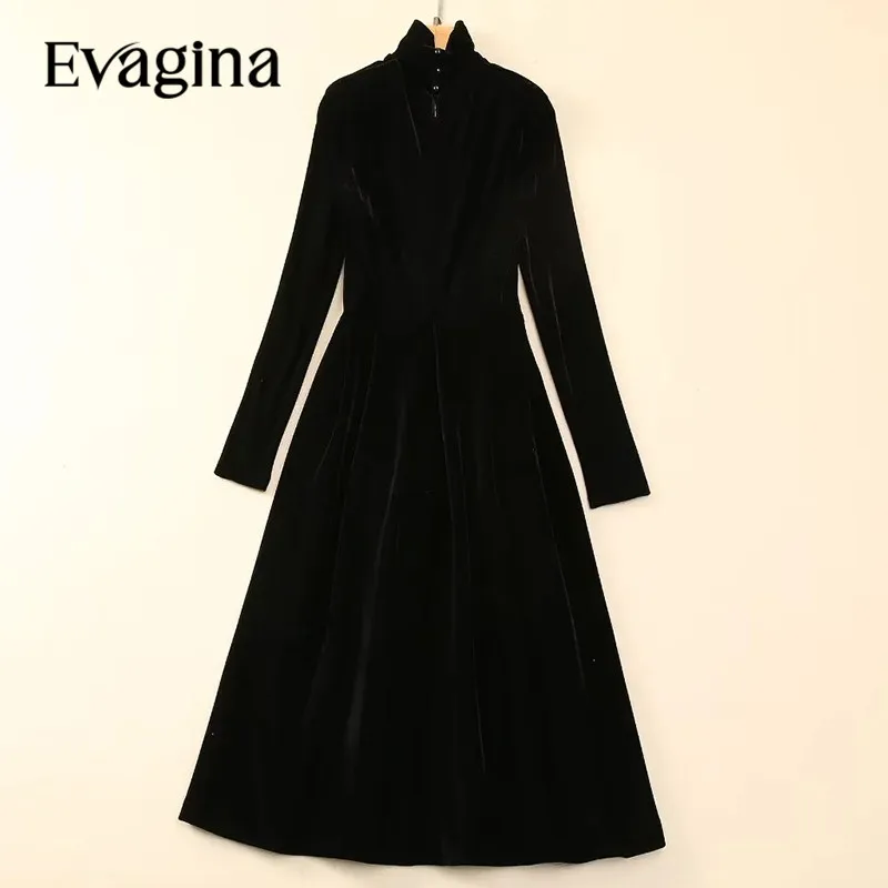 Evagina New Fashion Runway Designer Women's Autumn High Necked Slim Fit Perspective Mesh Frenulum Black Velvet Dress