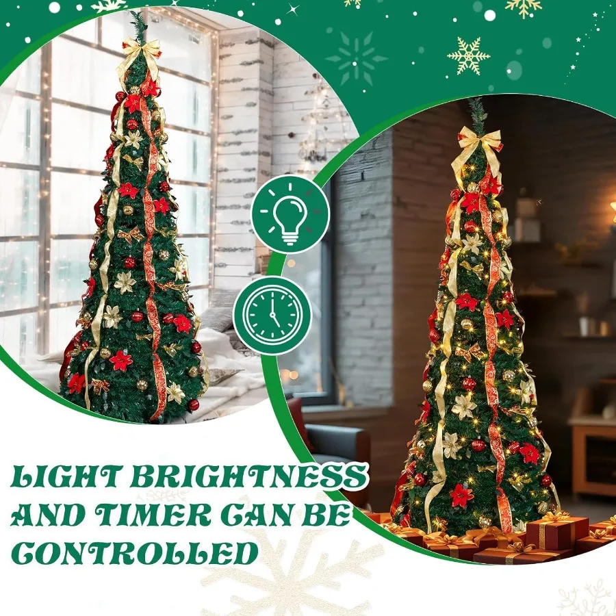 Árvore de Natal pop-up de 7 pés com luzes Árvore de Natal dobrável pré-iluminada com 200 luzes brancas quentes e 8 modos de suspensão Decorat