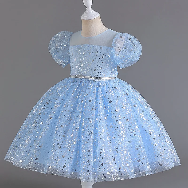 2024 new children's puffy skirt sequined wedding dress girl darling year-old bubble sleeve dress performance dress