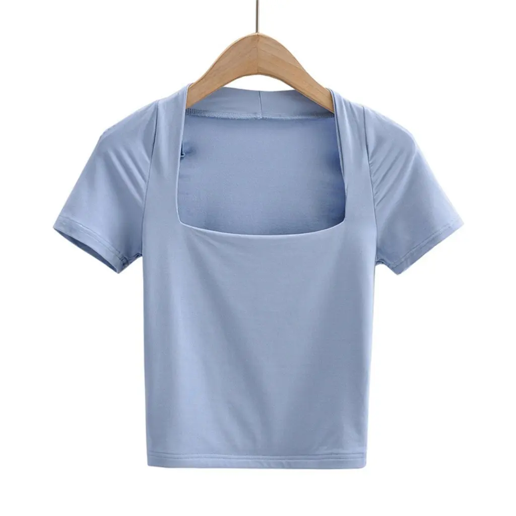 

YPFF Women's Slim-fit Short T-shirt Square Collar Low-cut Elastic Solid Color European American Style Top Navel-exposed