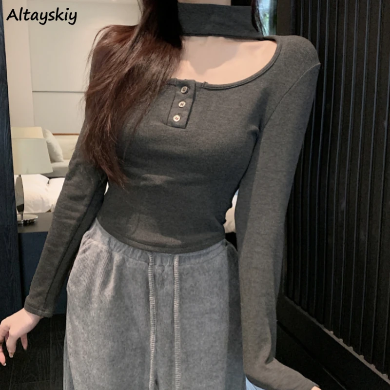 T-shirts Women Long Sleeve O-neck Slim Fit Korean Style Solid Inner Soft Wear Halter Neck Casual Tops Retro Elegant Ladies Chic