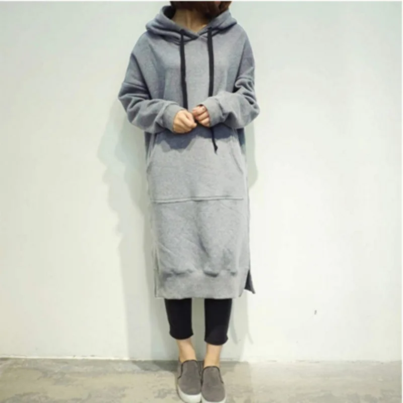 Hooded Dress Women Long Split Casual Pullover Solid Sweatshirt Dress Big Size Autumn Winter Loose Women\'s Dresses