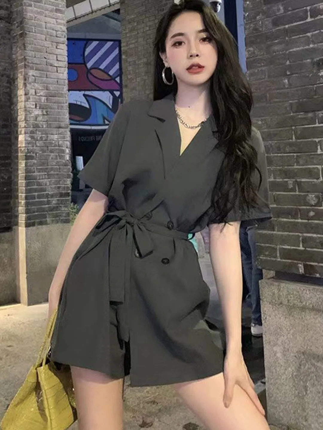 

Gray Suit One-Piece Pants for Women Elegant High Waist A-Line Wide Leg Suit Dress Summer Casual Korean Style Short Sleeve