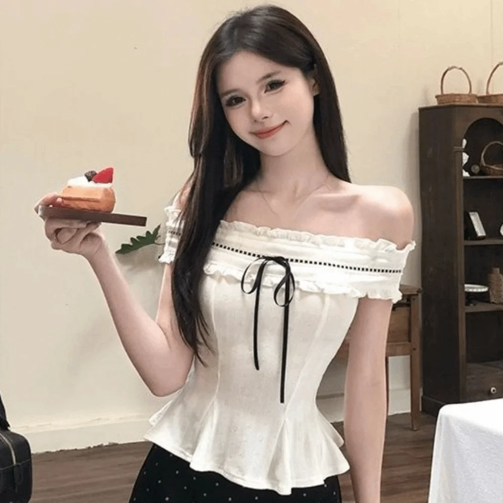 

White Off-shoulder Ruffle Shirt Korean Y2K Ins Lace-up Cute Bow Ruffle Shirt Tops Slimming Pleated Collar Slim Fit Crop Tops