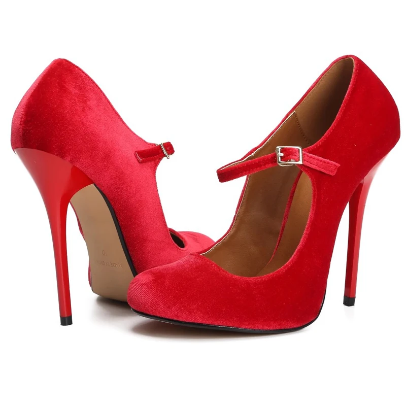 السوبر عالية مشرق الأحمر المخملية مضخات 13 سنتيمتر رقيقة الكعوب الكاحل حزام جولة تو امرأة ليوبارد الجلد المدبوغ T-مرحلة نادي أحذية عالية الكعب #3