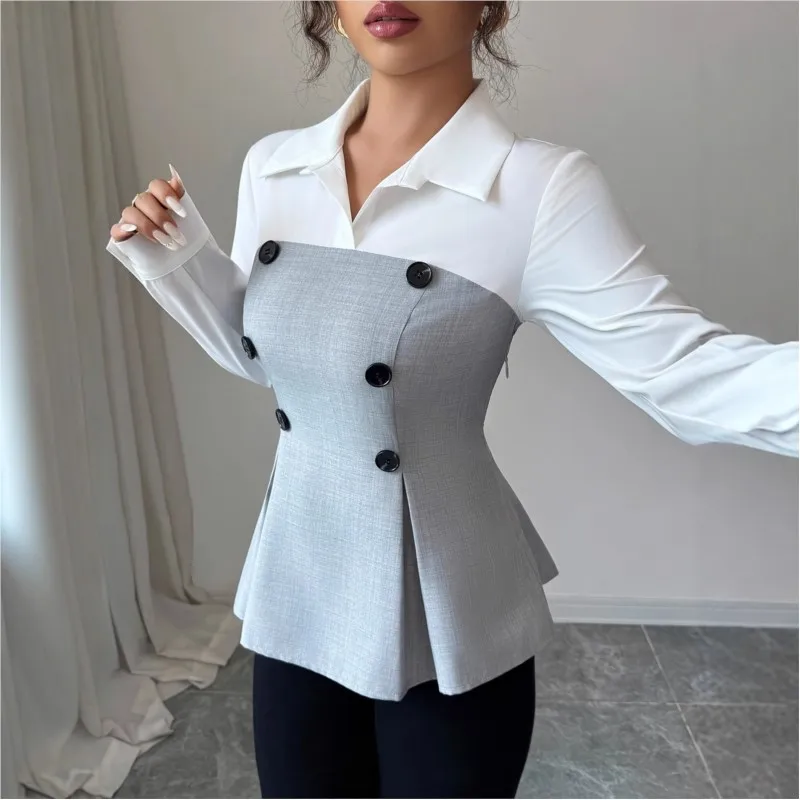 

Модные облегающие женские рубашки и блузки с контрастной талией, шикарная двубортная офисная женская блузка с драпированным подолом, уличная одежда