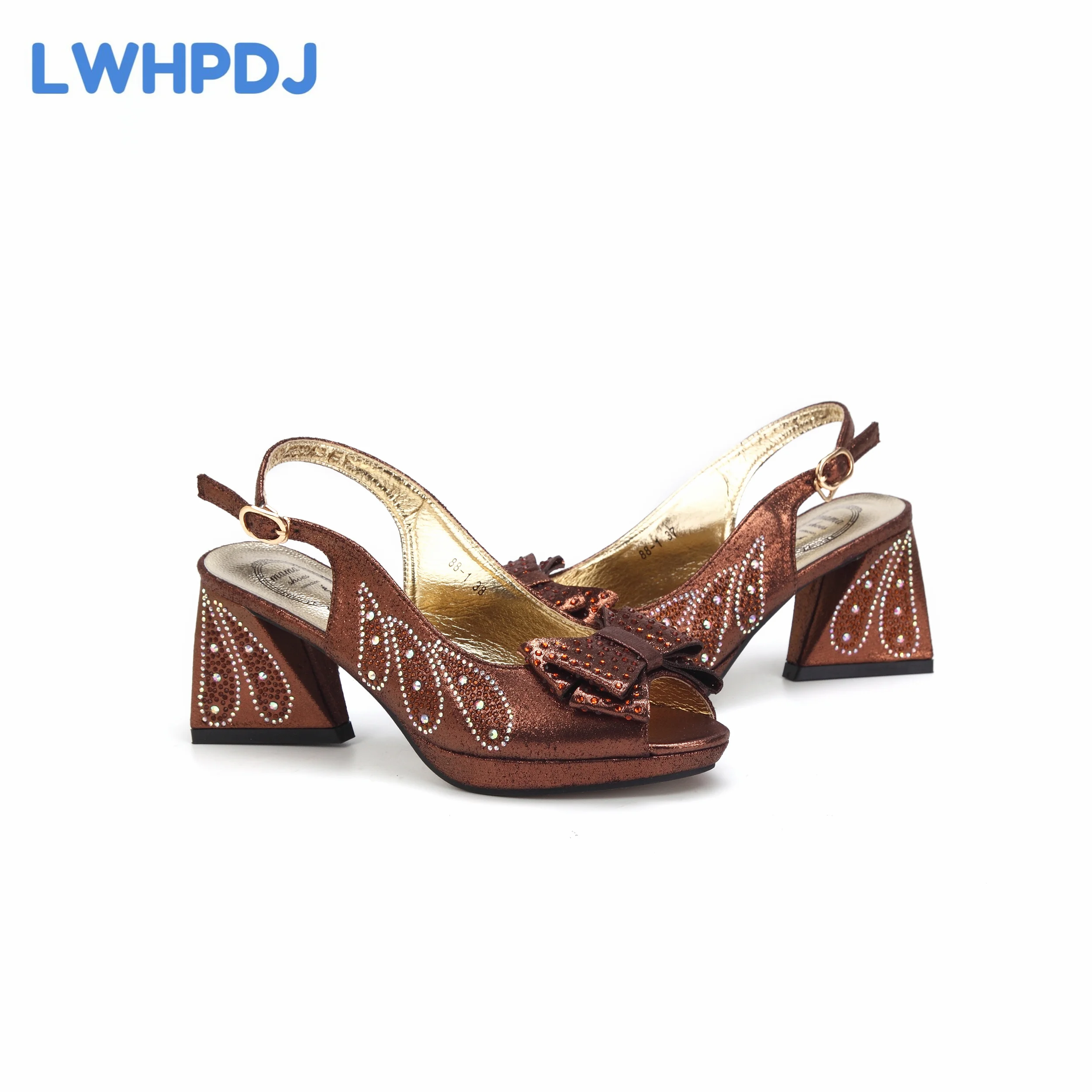 2024 New Popular Square Heels Women Water Drill with Butterfly Design in Coffee Color For Women Wedding Party