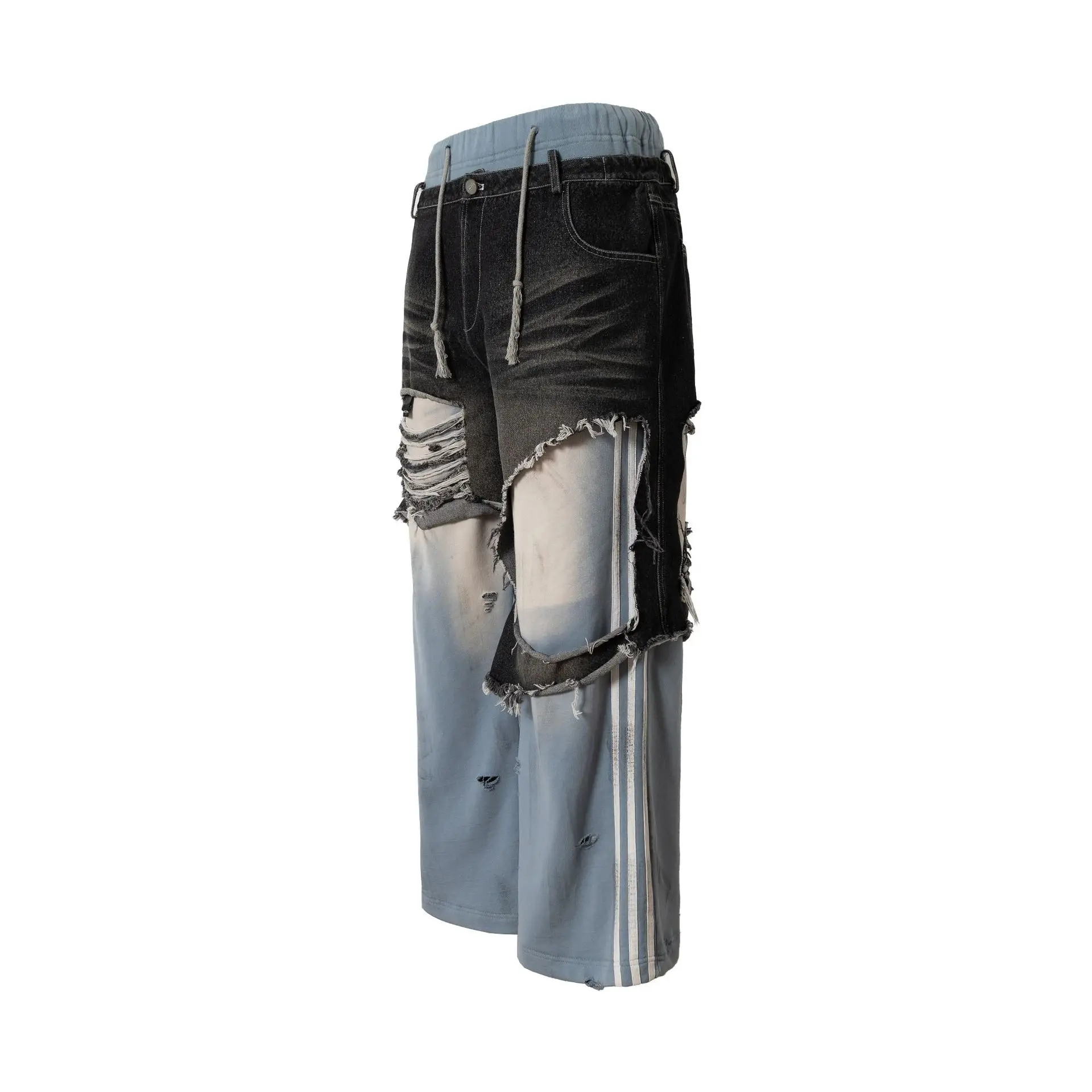 Fashion High Street Destroyed Hip Hop Jeans Pants With Patchwork Double High Waist Ripped Denim Trousers Personality Design