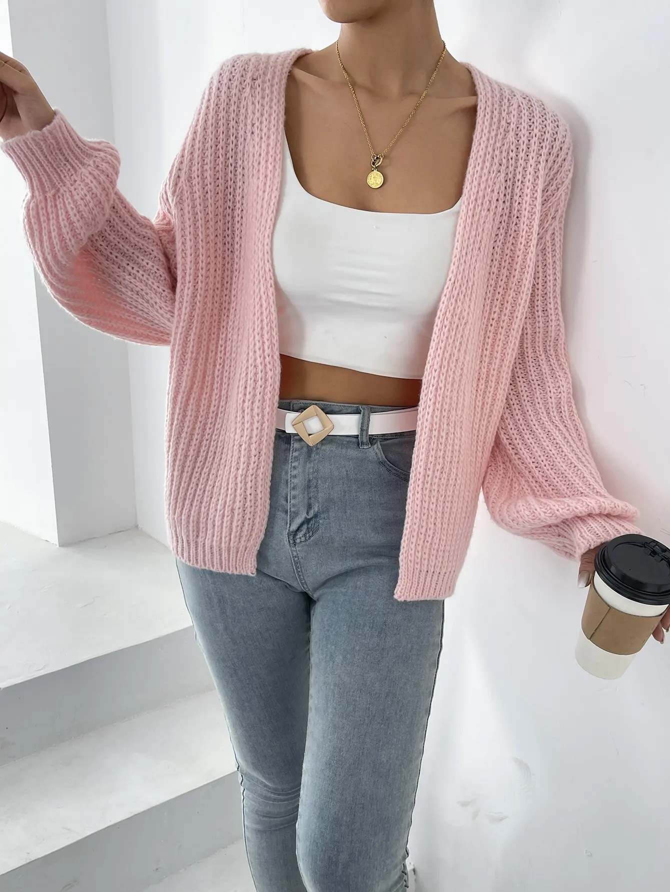 Autumn Winter New Fashion Women Loose Knitted Cardigan Hot Pink Lantern Sleeve Casual Outerwear Solid Color Sweater Coat