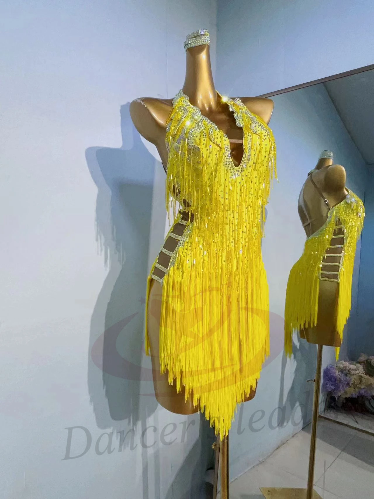 Latin Dance Competition Women's High-end Custom Yellow Tassel Exposed Side Leg Rumba Tango Performance Dress