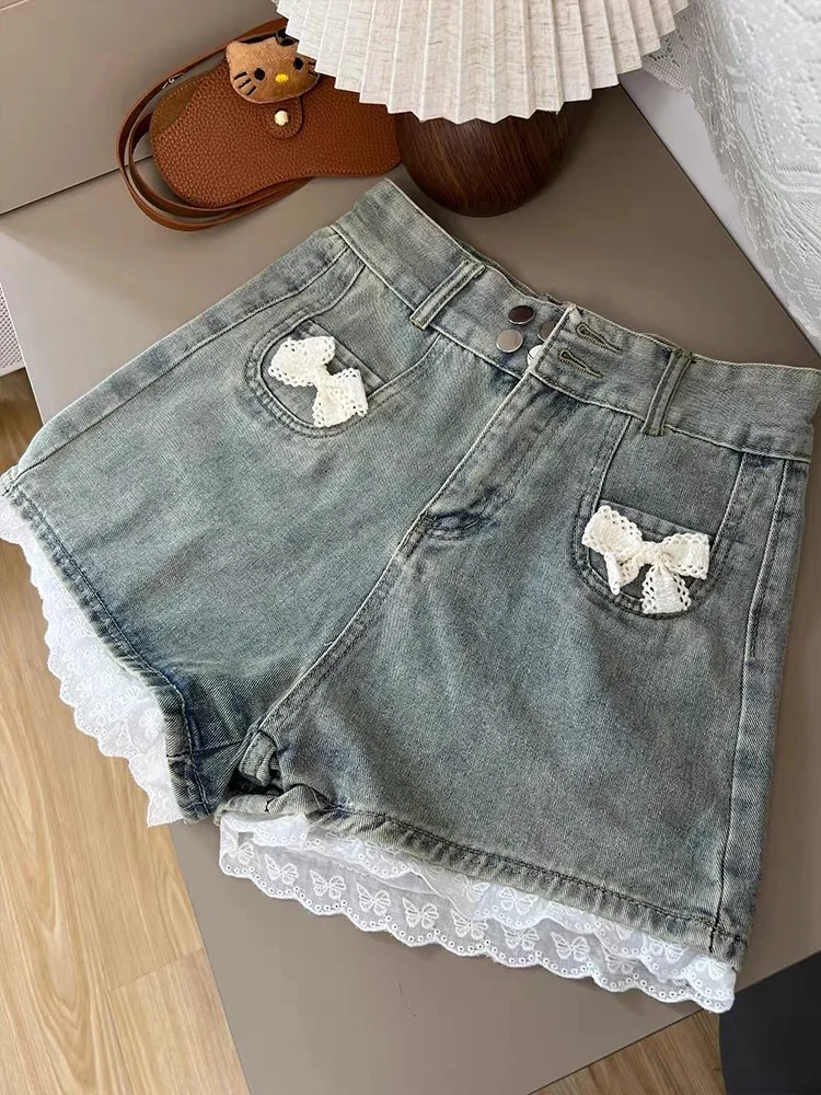 スパイシーガール レースパッチワーク デニムショートパンツ レディース 夏新作 ハイウエスト ワイドレッグ ホットパンツ スイートボウ レディース ハイストリートショートパンツ