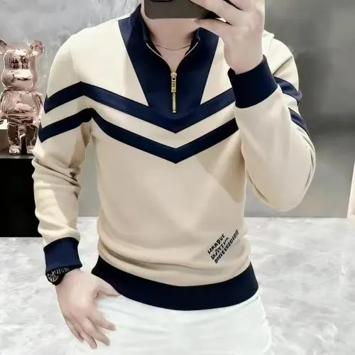 

Men's Faionable Splice Zipper Hoodie Long Sve Stand Collar Casual Top Elastic Warmth Stand Fit Cotton Polyester Blend