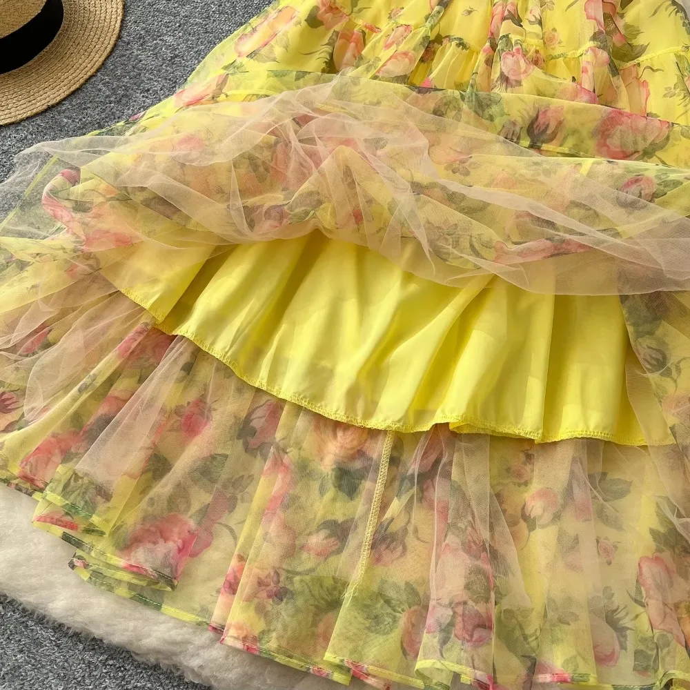 Vestidos elegantes de gasa ajustados con estampado elegante y manga corta abombada Vintage con cuello oblicuo, ropa de malla de otoño para noche de calle francesa