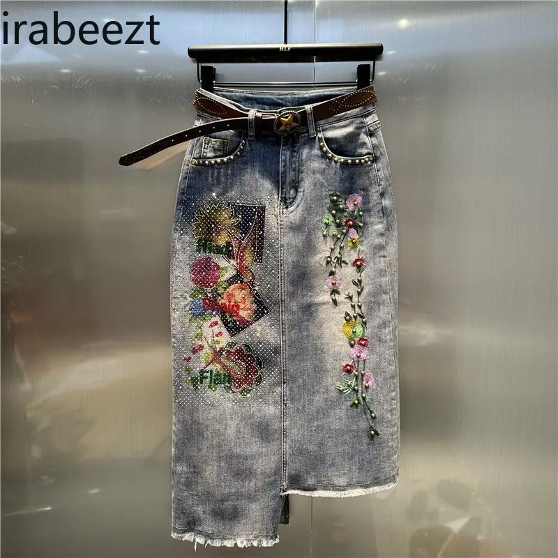 2023 Autumn New Style Flower Embroidery Ironing Mapping Irregular Symmetrical Denim MIDI Skirt High Strecth Summer Goth Clothes