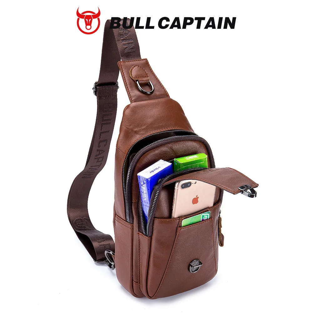 BULLCAPTAIN Genuine Leather Chest Back Pack Chest Bag Men Fashion Messenger Bag\'s Multifunctional Card Bages Mobile Phone Bags