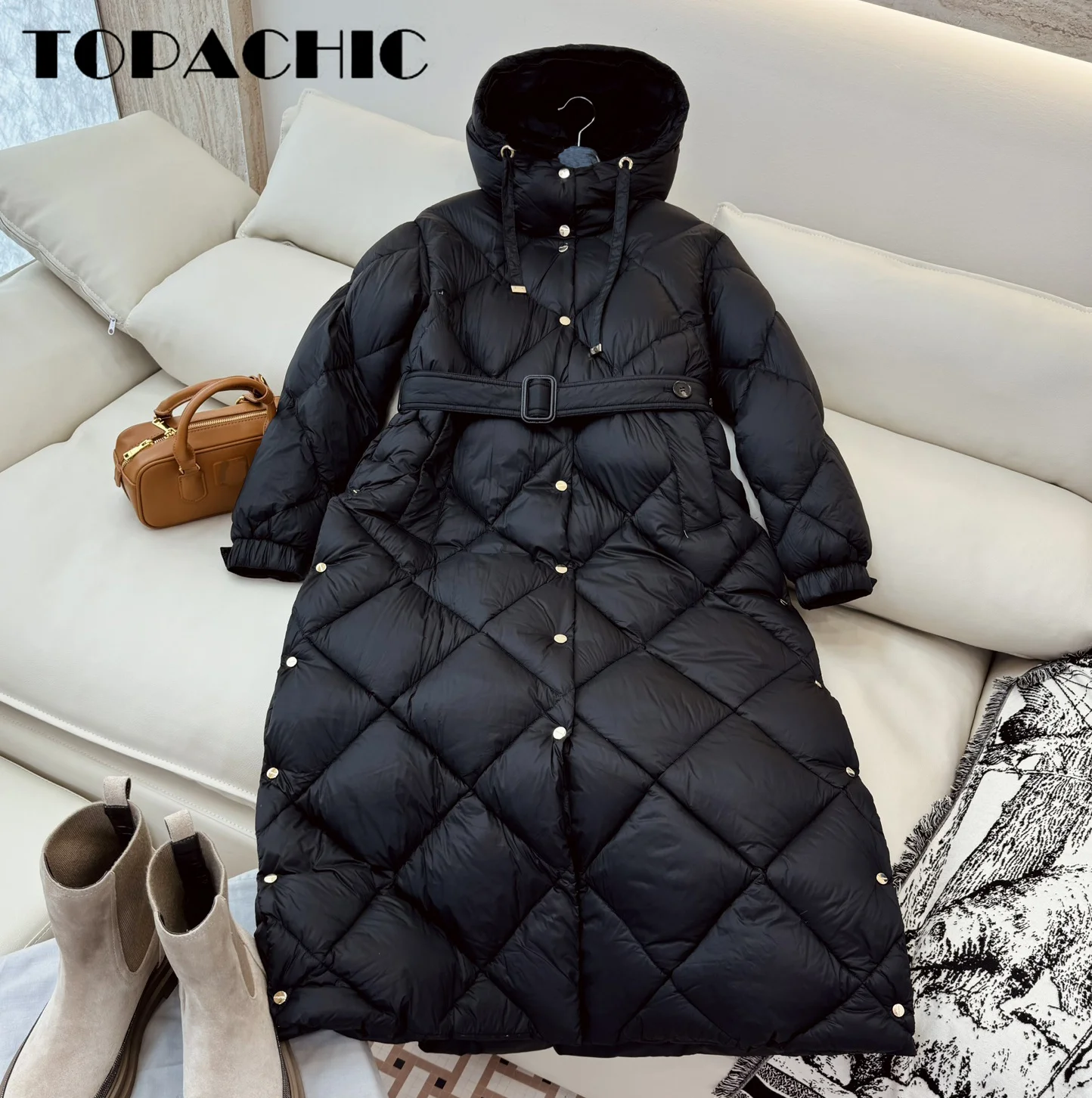 9.5 TOPACHIC-Women White Goose Down Hooded Long Outerwear Quilted Argyle Plaid Single Breasted Side Split Whit Sashes Down Coat