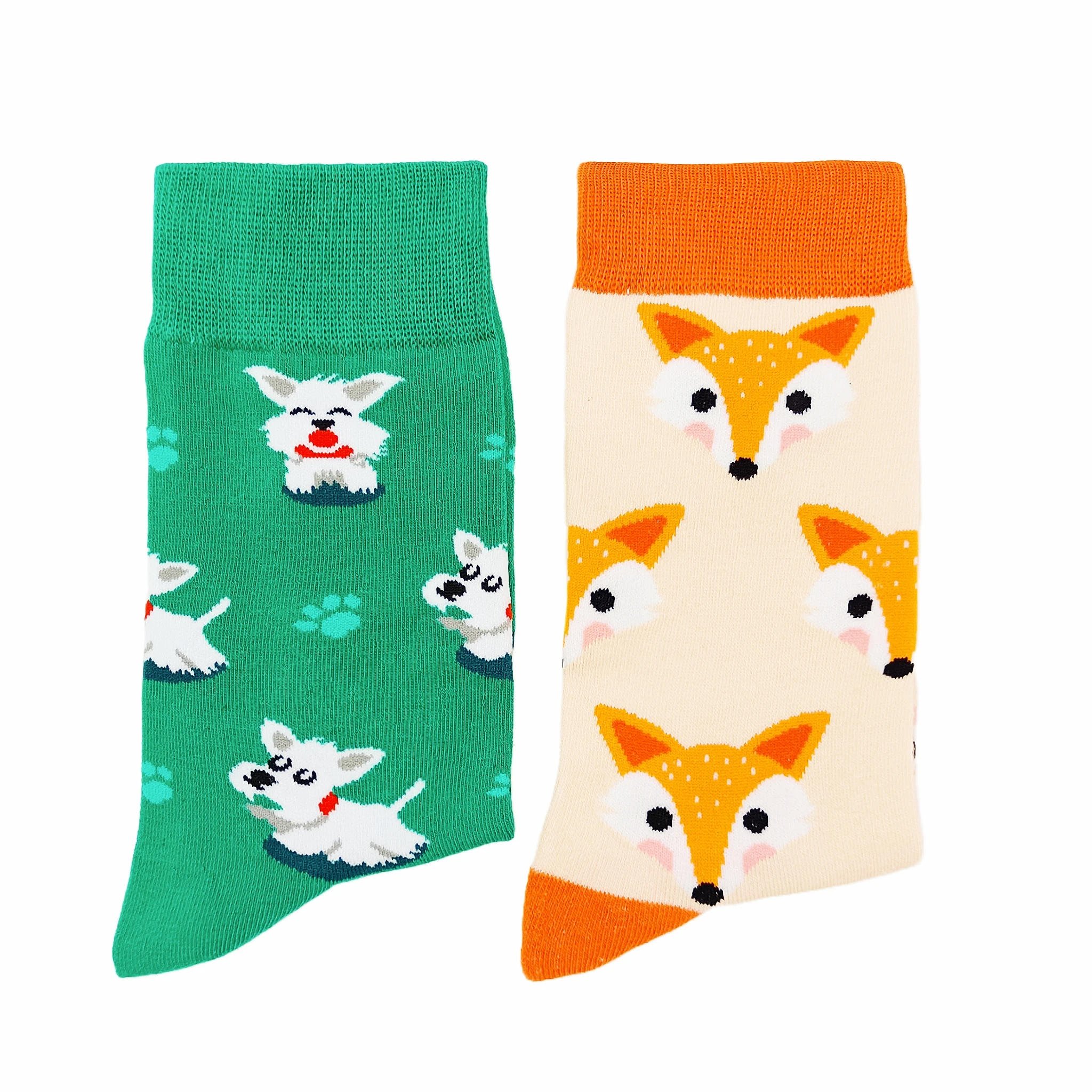 2 pairs of puppy and fox animal series fashionable and colorful autumn and winter mid-calf socks for women