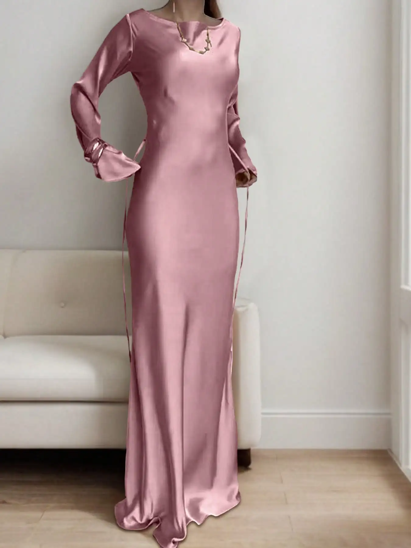 BWQ Robe longue en satin sur mesure pour femme avec cravate à la taille corset Col rond classique et manches évasées dramatiques Robe de soirée de luxe