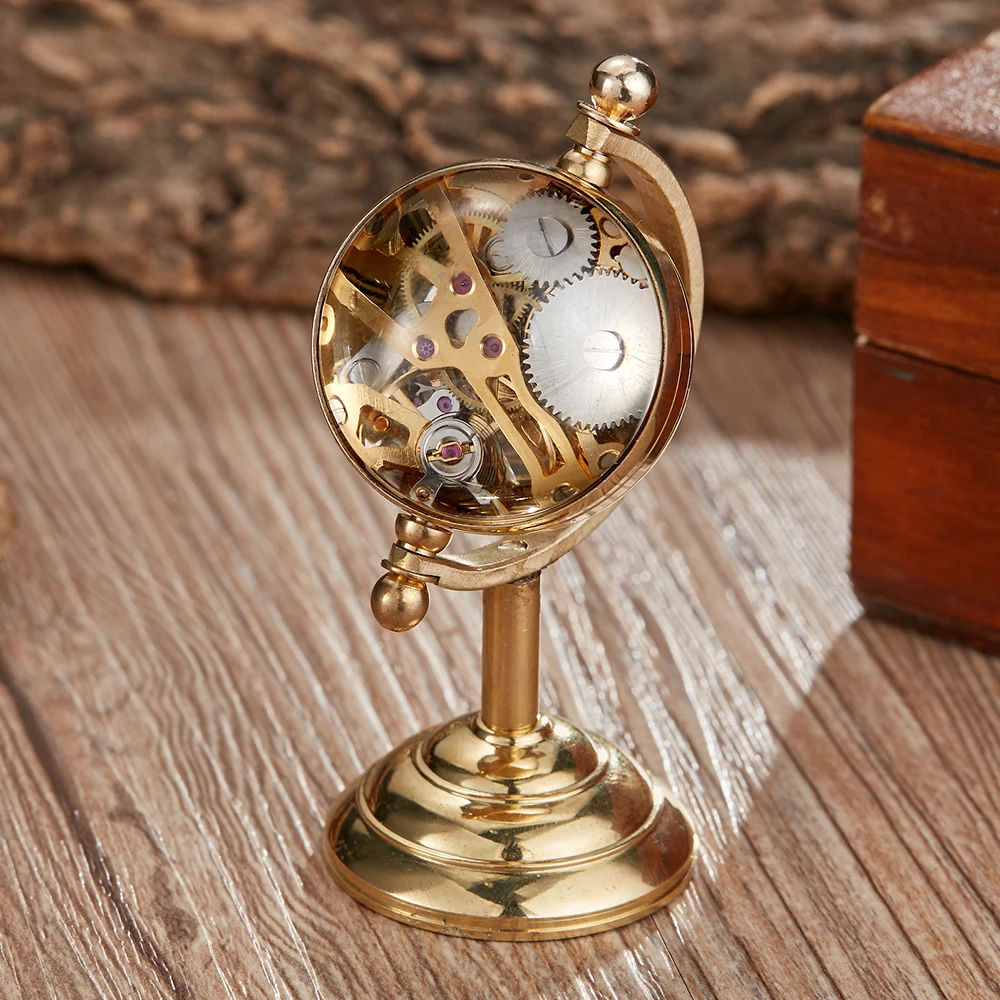 Montre de Poche Mécanique à Globe Tournant pour Homme, Horloge de Bureau Vintage en Or, Cadeau Créatif, Table en Cuivre, FOB Rétro