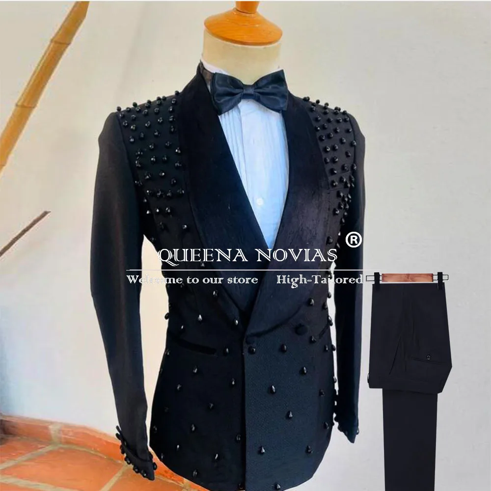 

Customize Luxury Crystal Beaded Men Suits Double Breasted Wedding Groom Tuxedos Business Male Party Blazer 2 Pieces Ropa Hombre