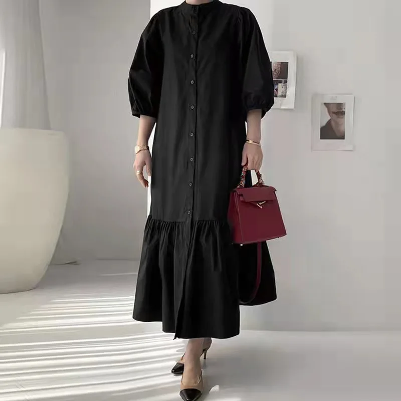 

2025 New Muslim Abayat Dress Women Stand Neck Three Quarter Sleeve Button Placket Abayas Dubai Loose Fishtail A-line Long Dress