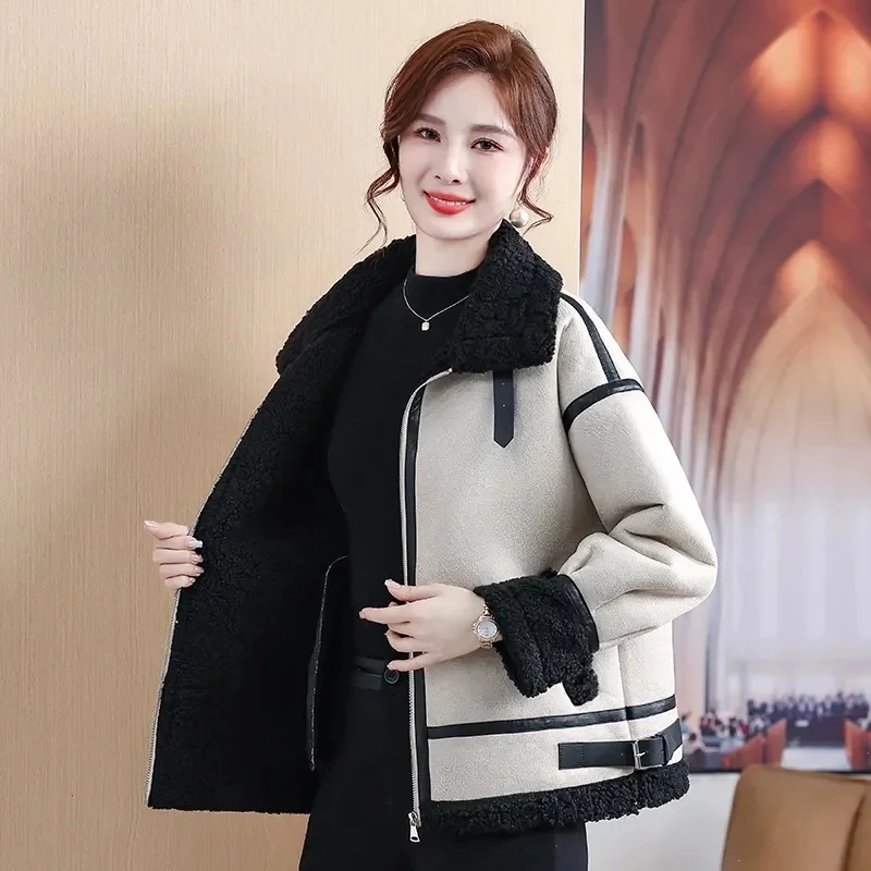 Autumn Winter New Imitate Lamb Wool Coat Women Short Jacket Loose Fur One Outwear Add Velvet Padded Motorcycle Overcoat Female