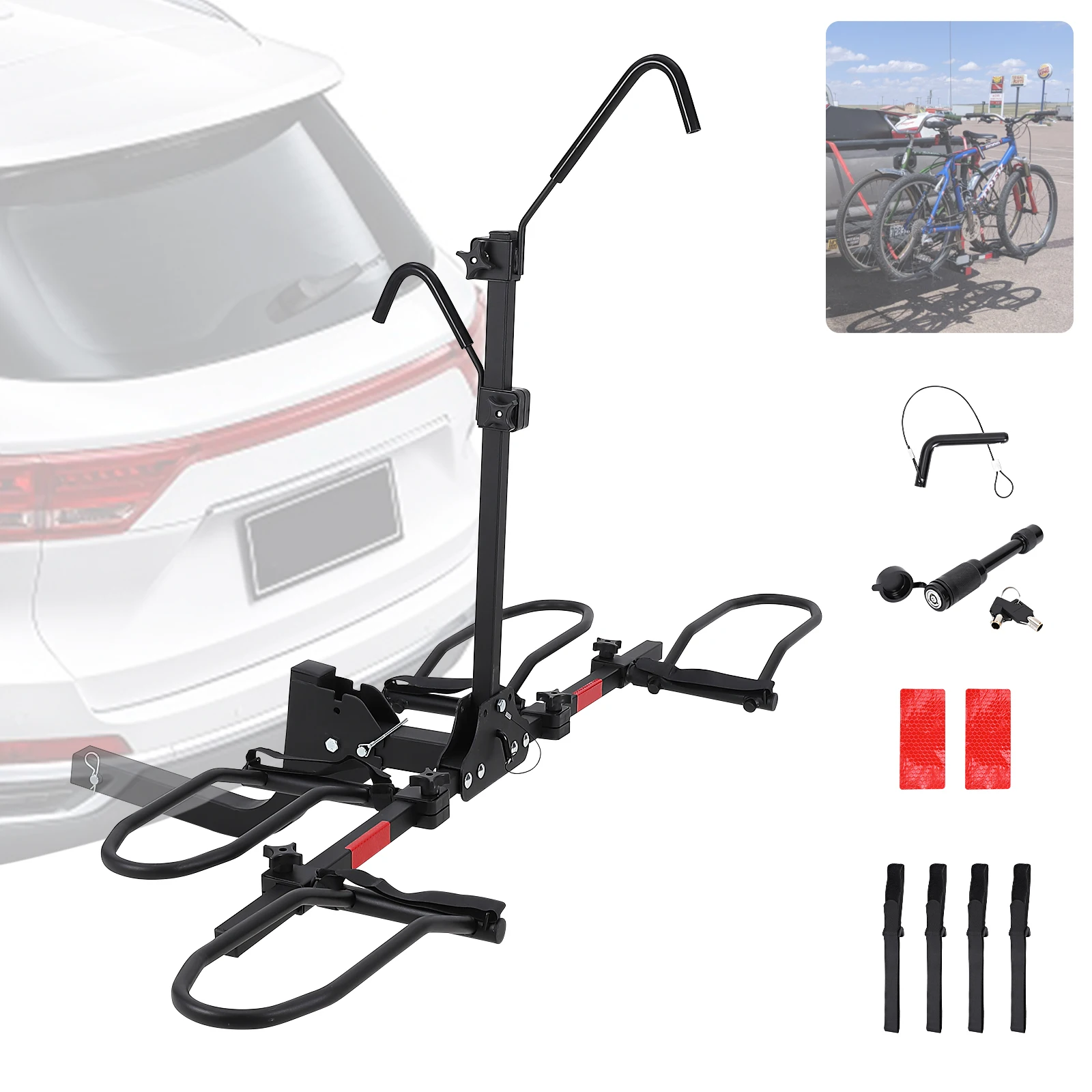 Foldable Bicycle Tail Rack Load Capacity 180 Lbs Can Hold 2 Bicycles Maximum Wheel Width 5.5 Inches Includes 4 Wheel Straps