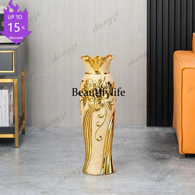 H132 Modern European Floor-to-ceiling Living Room Vase Ceramic Large Decoration High-end Flower Arrangement Gold