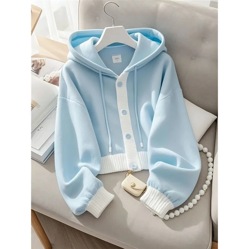 Lazy Wind Femme Hooded Sweatshirts Jacket Autumn Winter Women Patchwork Cardigan Hoodies Advanced Ladies Loose Blue Top Coat