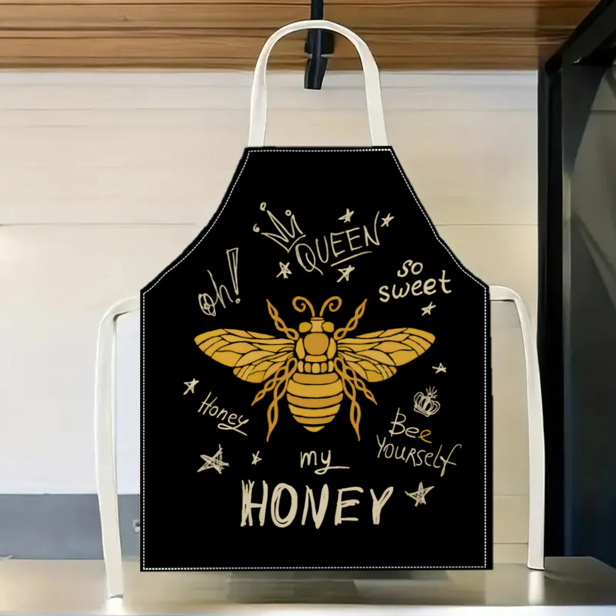 Queen Bee Honey Apron Linen Cotton Kitchen Cooking Baking Gift for Women Girls Sweet Bee Print Chef Bib for Home Cafe Party
