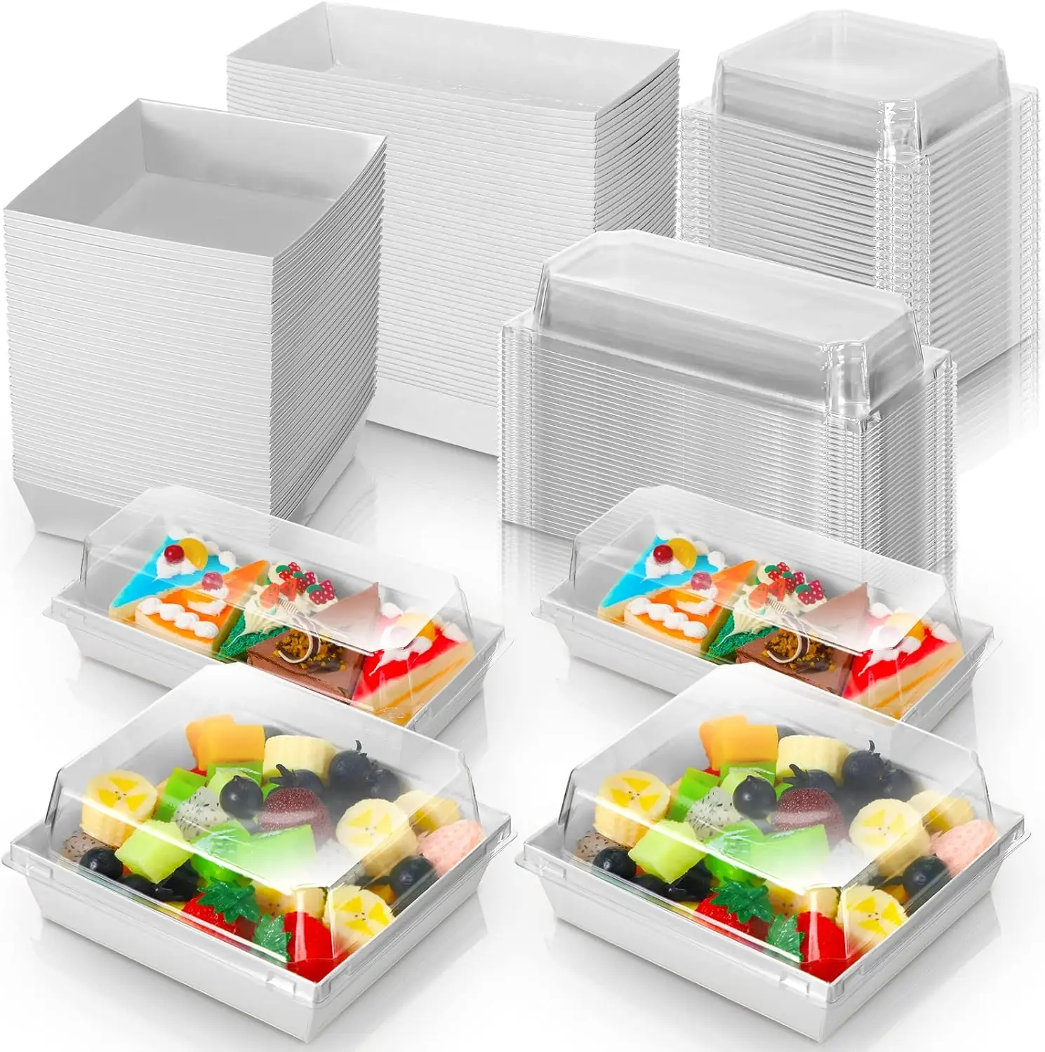 

100 Pack 2 Size Paper Charcuterie Box with Clear Safety Lid 5'' White Square Disposable Food Container Bakery Bread Box