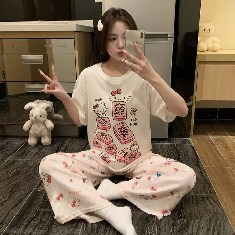 

Милые пижамы Sanrio с героями мультфильмов «Hello Kitty», брюки с короткими рукавами, милая повседневная удобная свободная домашняя одежда с принтом, креативный хит продаж