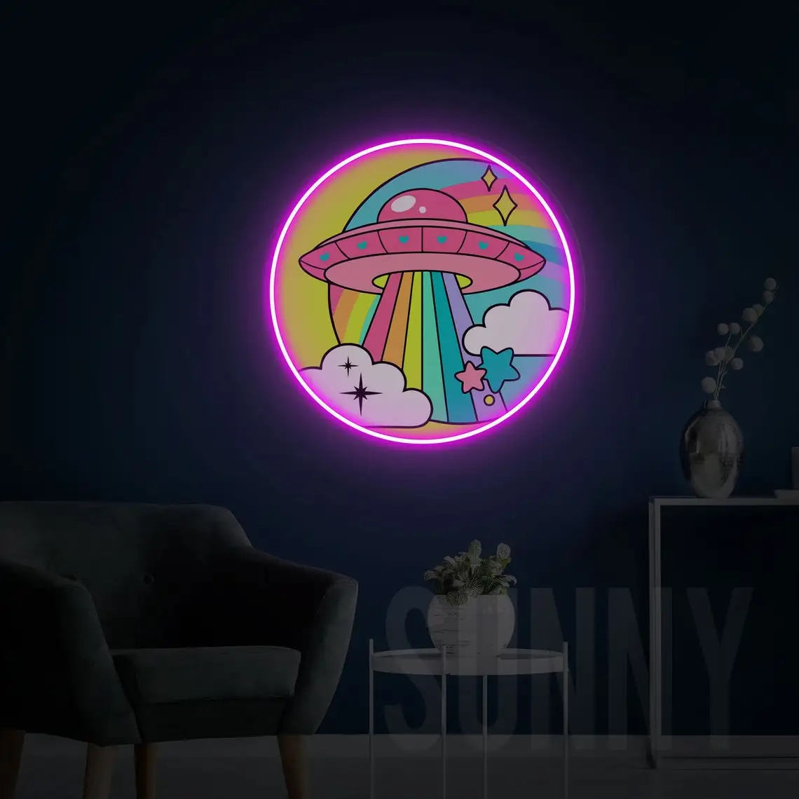 UFO Neon Sign UV Print Colorful UFO Flying Saucer Acrylic Art kids Room Decor Home Wall Decor Birthday Gifts for Child and Teens