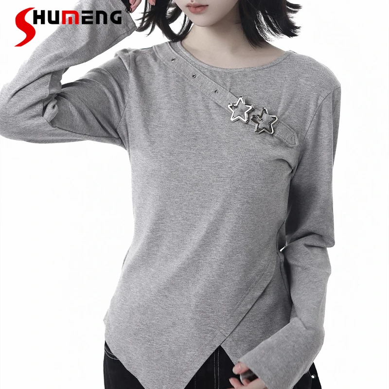 

Designed Waist-Cinching Hem Slit Three-Color Y2k Tshirts Soft Inner Wear Long Sleeves Round Neck T-shirt Pullover Kawaii Clothes