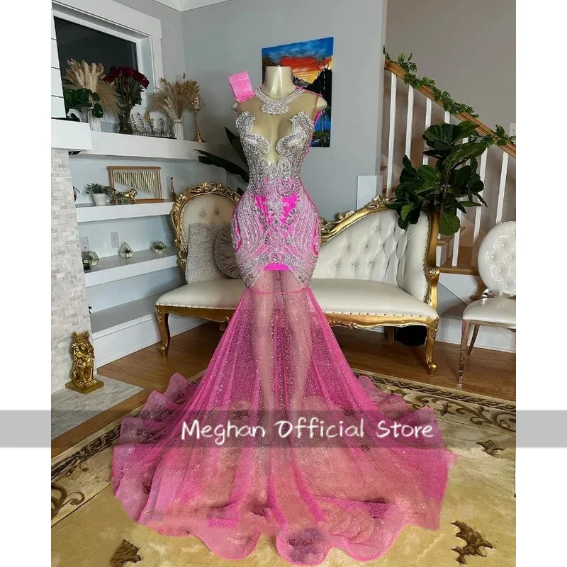 Luxury Pink Sheer Prom Dress Custom Glitter Diamond Applique One Shoulder Sleeve Black Girl Party Evening Dresses