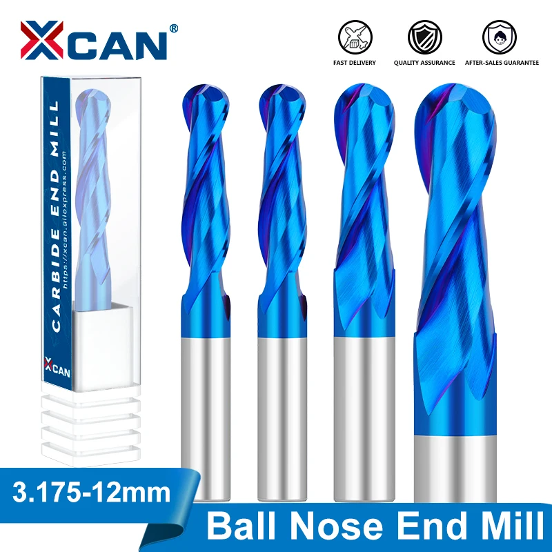 XCAN Ball Nose frez trzpieniowy 3.175 4 6 8 10 12mm Shank Carbide frez 2 flet Nano powlekane na niebiesko CNC frez do obróbki drewna