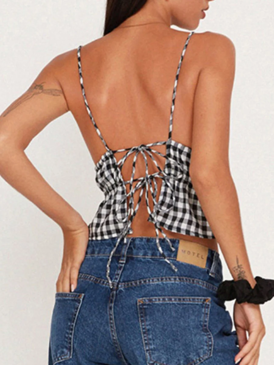 Женские топы на бретельках в клетку с принтом без рукавов и открытой спиной с V-образным вырезом, модные топы на бретелях с завязками