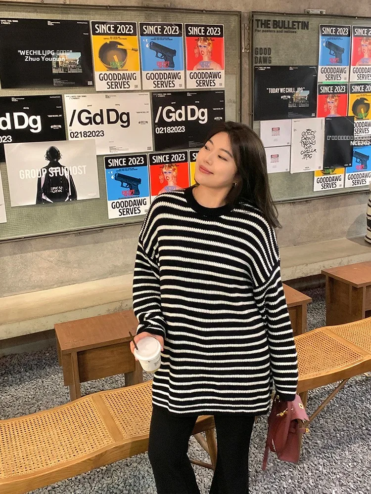 

Loose Fit Striped Knit Sweater Women's Autumn Winter New Sle Lazy Artistic round Ne Knitted Top Lin Da'xi plus Size