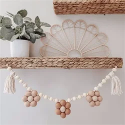 INS Nordic Handmade Wooden Beads Garland Felt Daisy Tassel Wall Decoration Boho Baby Kids Room Hanging Ornaments Nursery Decor
