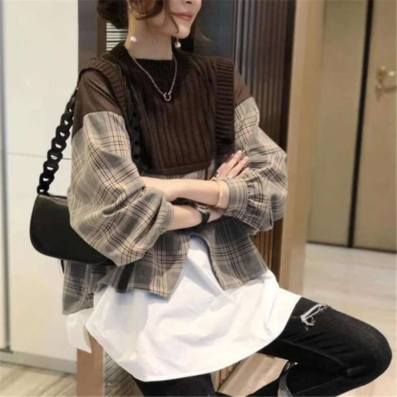 Damen bekleidung elegant vielseitig Herbst und Winter neue Mode Slash Neck Spleiß knöpfe Langarm lässig karierten Pullover