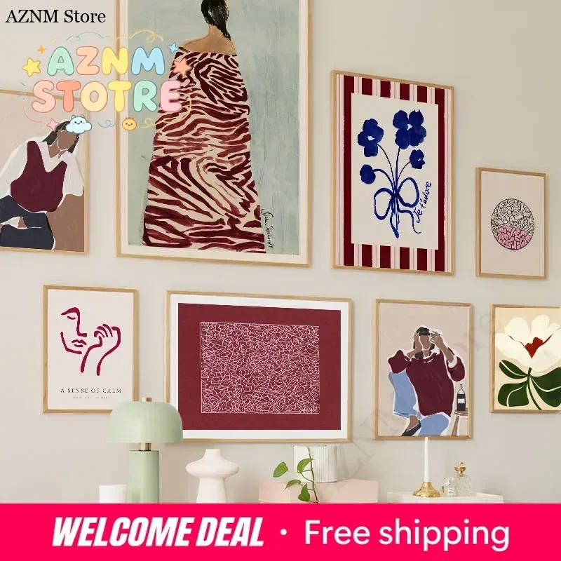 Red Striped Girl Flower Line Face Abstract Posters And Prints Wall Art Canvas Painting Hotel Bar Pictures For Living Room Dec