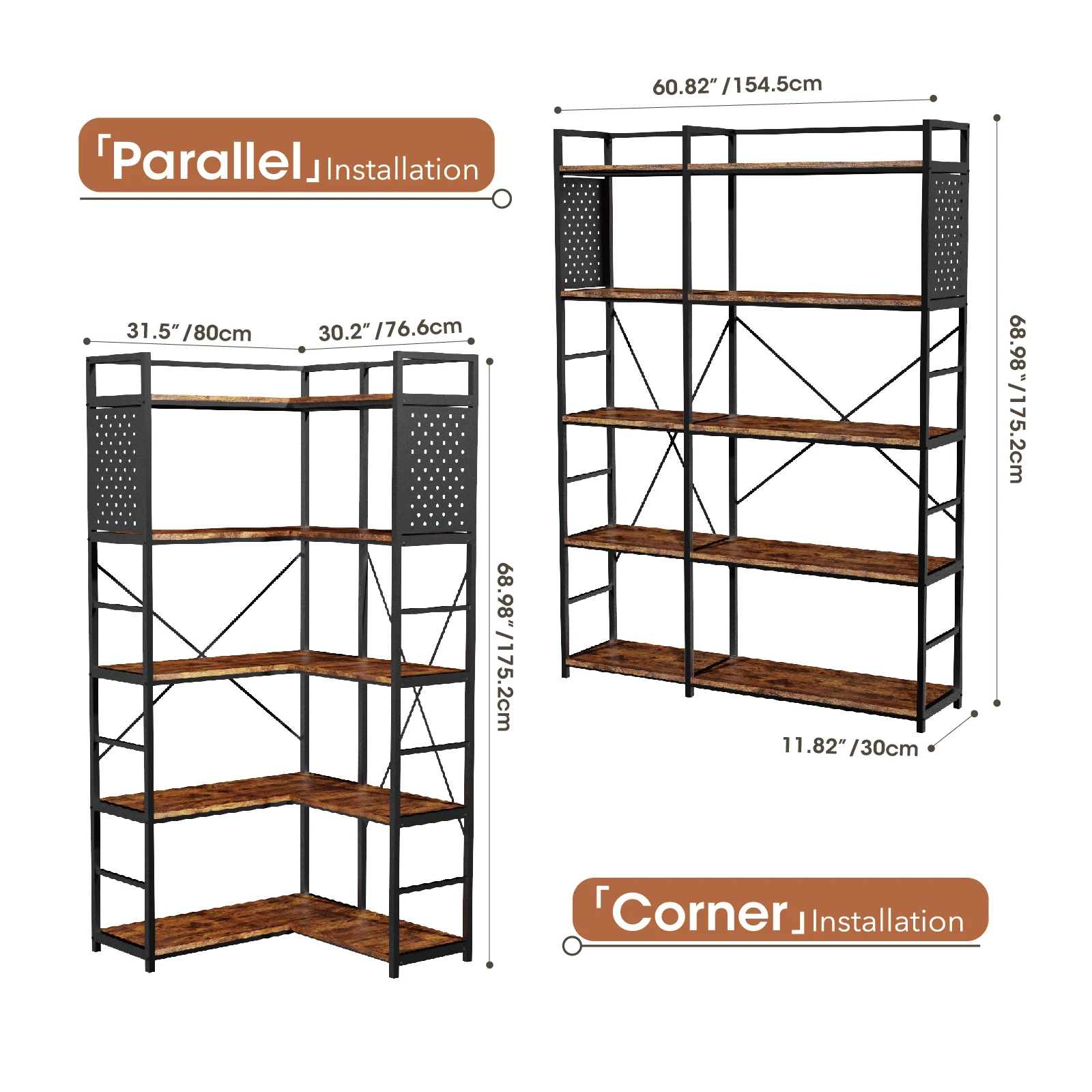 Redlife Convertible 5 Tier Bookshelf Convertible Industrial Corner Bookcases with Metal Frame & Storage Pegboard for Home Office