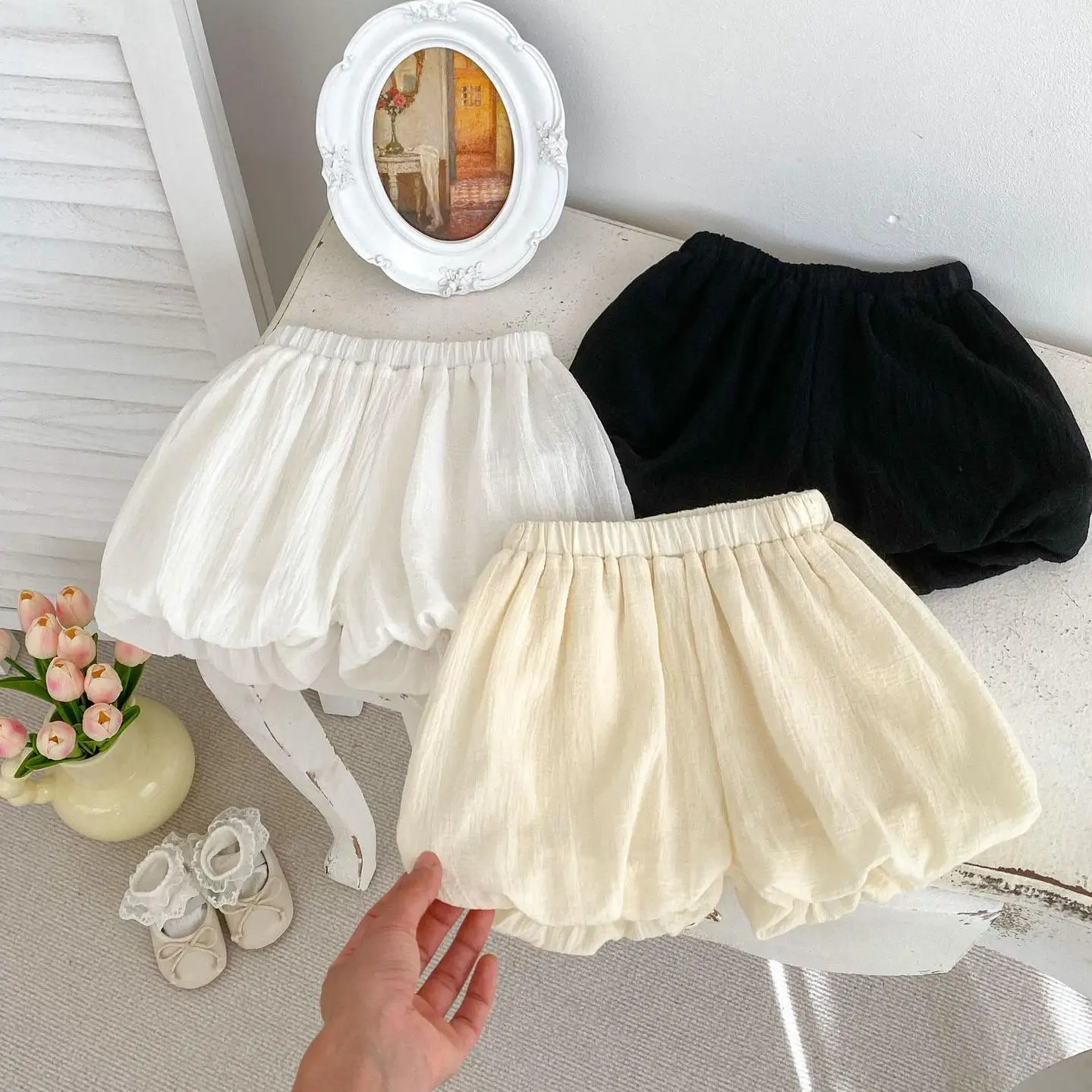 

2024 New Girl Baby Summer Solid Thin Puff Shorts Boy Children Loose Breathable Cotton Mini Pants Kid All-match Short Trousers